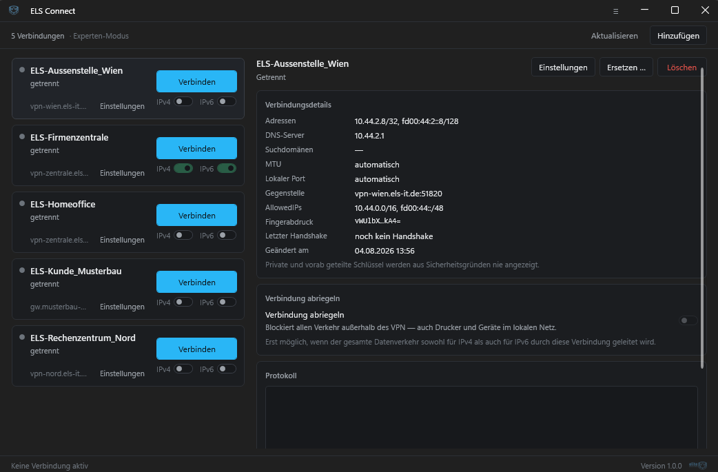 ELS Connect im Expertenmodus: alle Verbindungen nebeneinander mit
                  Verbindungsdetails, Adressen, Gegenstelle und Protokoll.